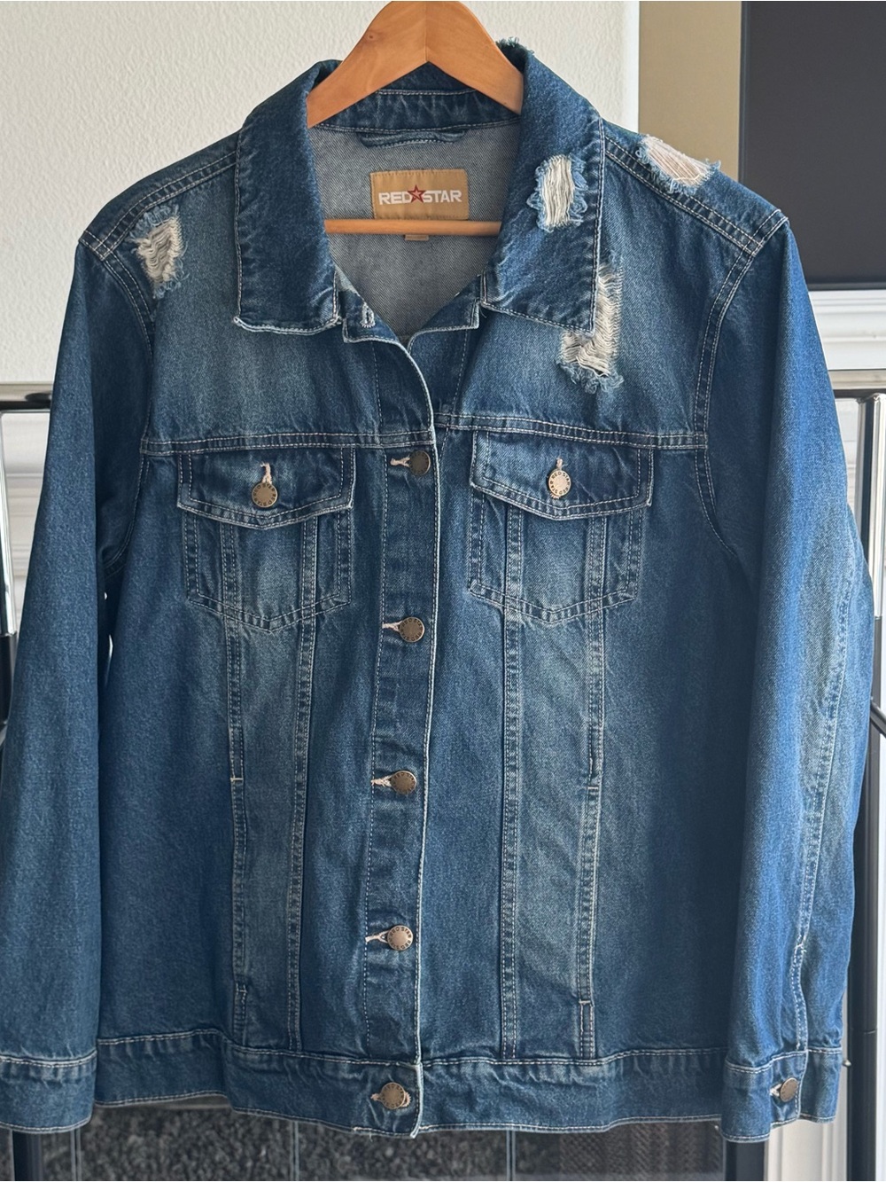Red Star Distressed Blue Denim Jacket Women's Classic Blue Large Pre-Owned